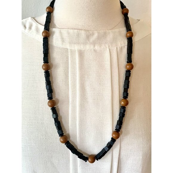 vintage Bohemian Wooden beaded Necklace Exotic Black Brown Mixed Shapes - Picture 9 of 9